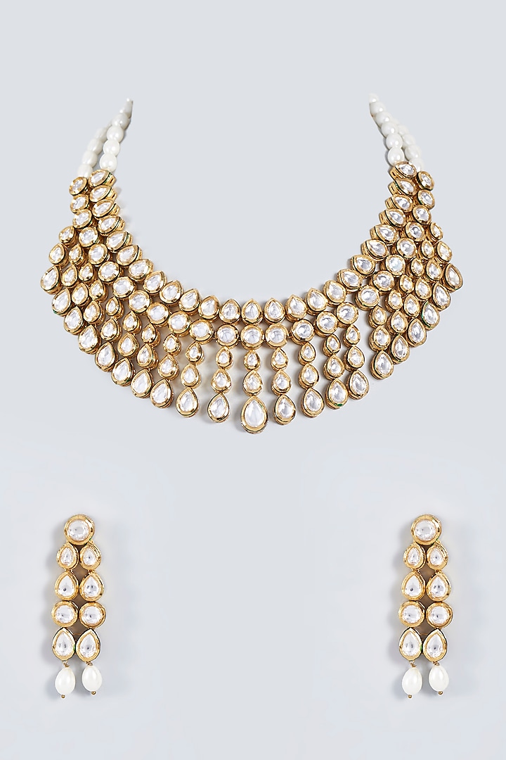 Gold Plated Necklace Set With Pearl Drops by Minaki