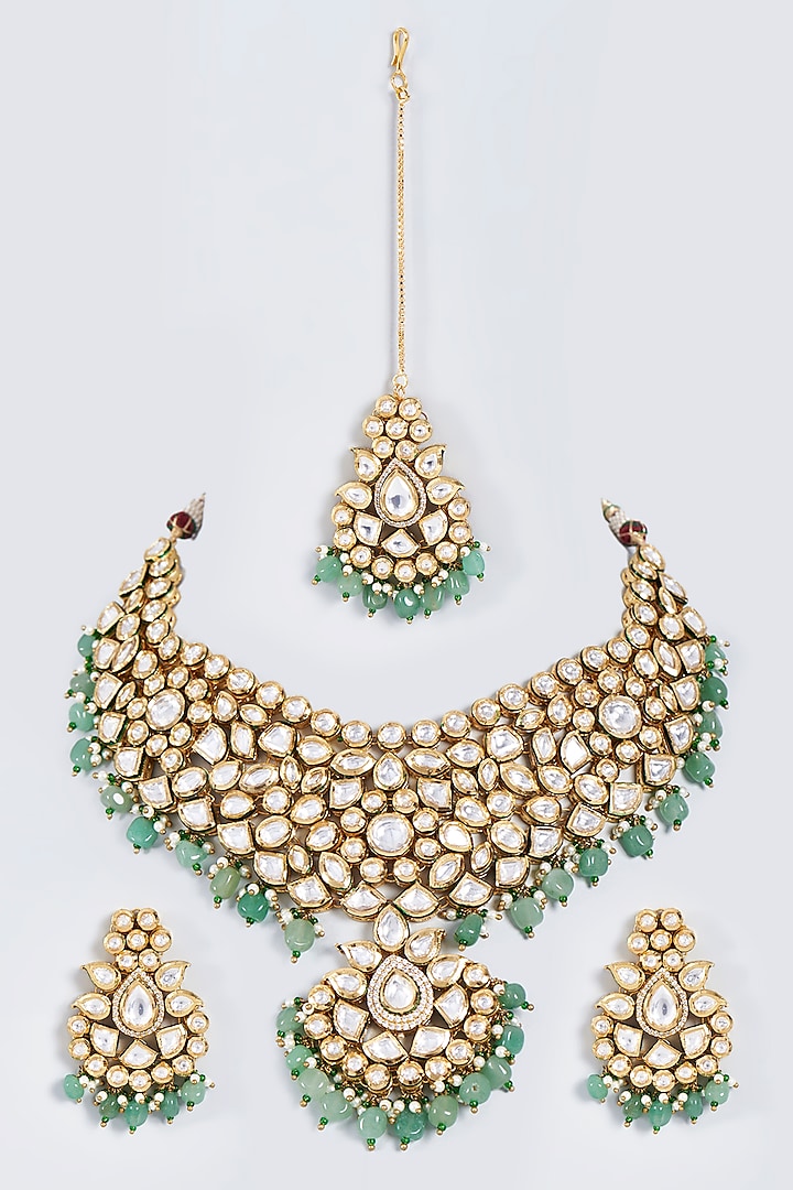 Gold Plated Necklace Set With Kundan Polki by Minaki