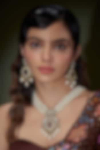 Two-Tone Finish Pearl & Ruby Stone Long Necklace Set by Minaki at Pernia's Pop Up Shop