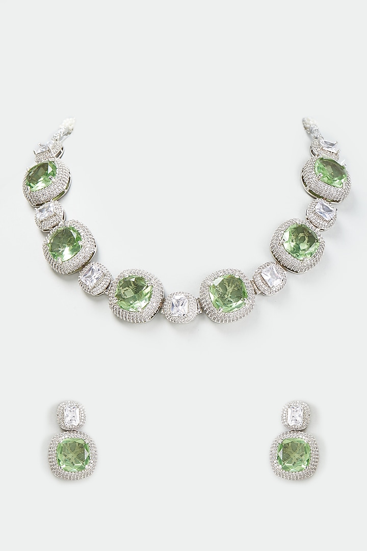 White Gold Finish Mint Stone Necklace Set by Minaki at Pernia's Pop Up Shop