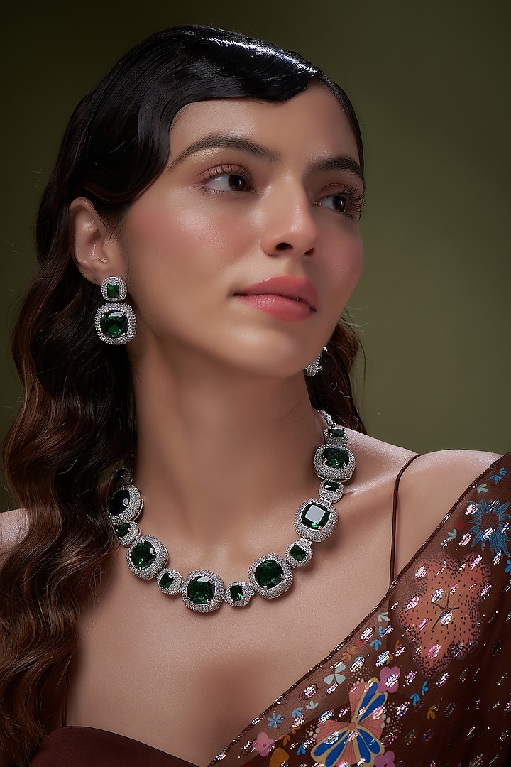 White Gold Finish Emerald Stone Necklace Set by Minaki