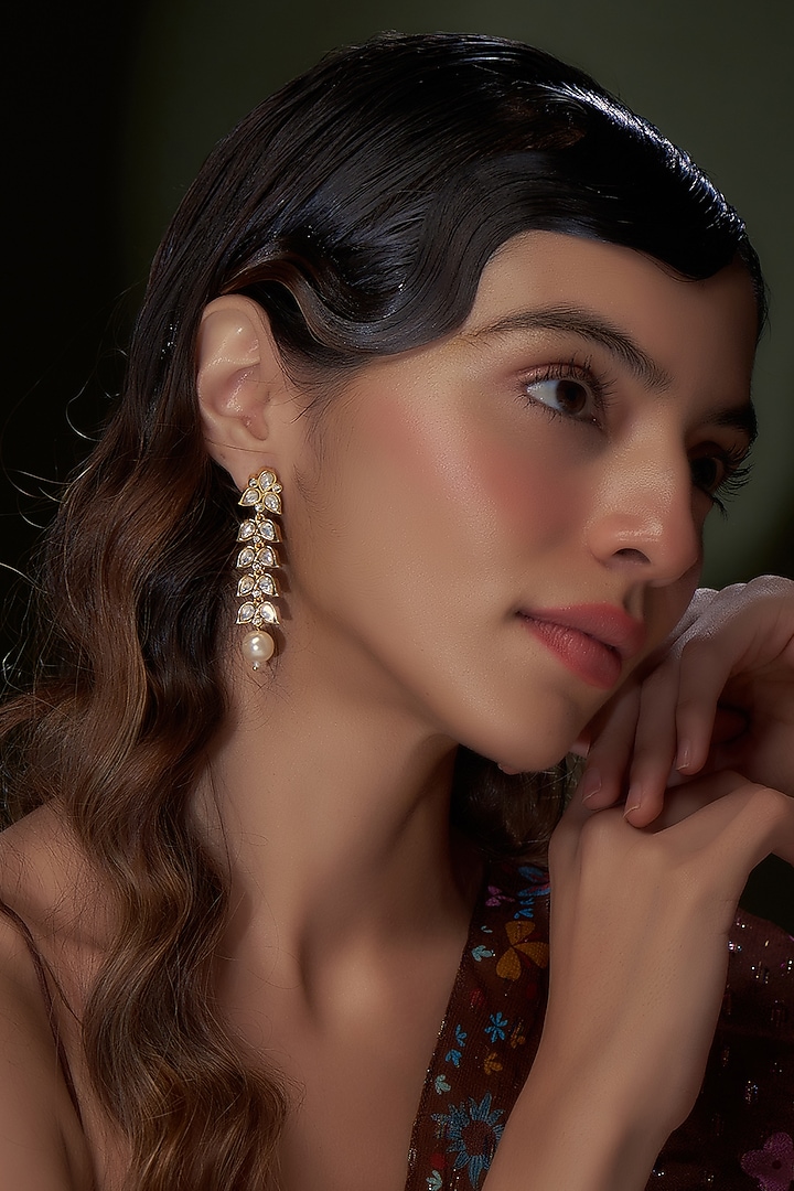 Gold Plated Kundan Polki & Pearl Dangler Earrings by Minaki at Pernia's Pop Up Shop
