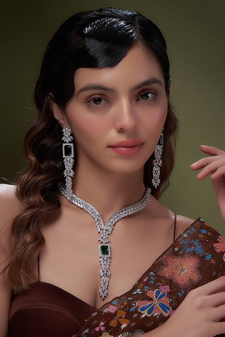 White Gold Finish Emerald Stone Necklace Set by Minaki