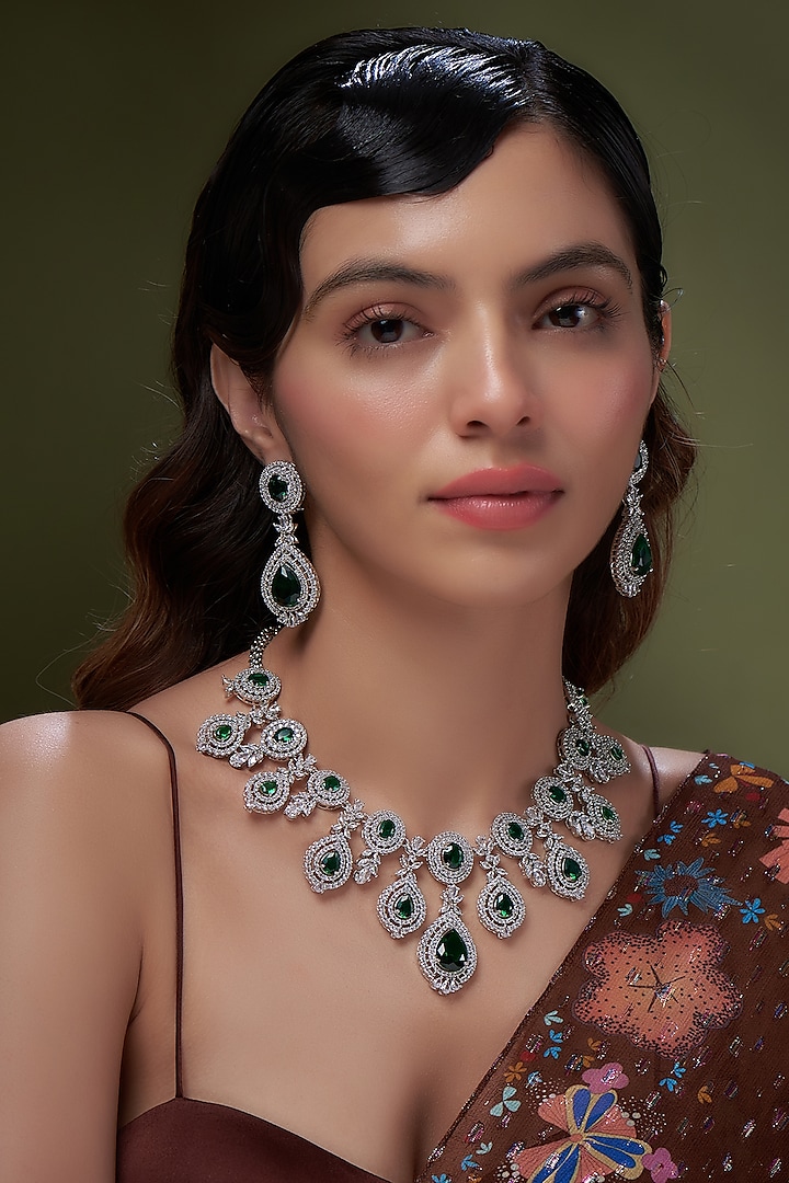 White Gold Finish Emerald Stone Necklace Set by Minaki at Pernia's Pop Up Shop