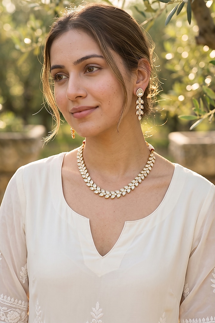 Gold Plated Kundan Polki & Pearl Necklace Set by Minaki at Pernia's Pop Up Shop