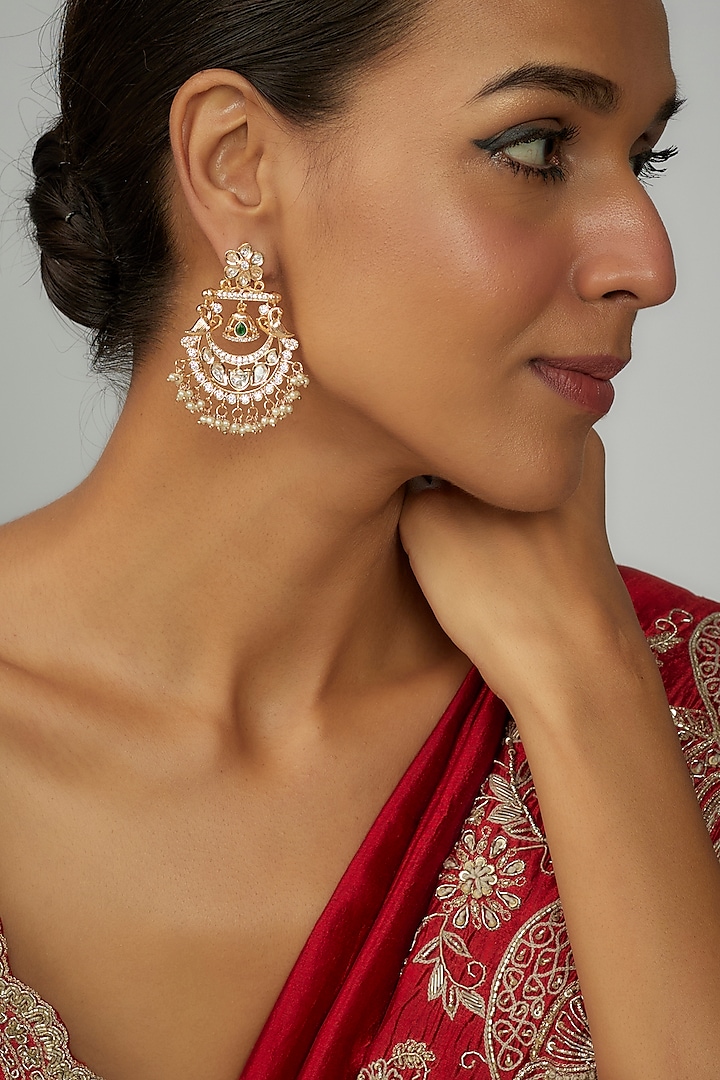 Gold Plated Kundan Polki & Green Stone Chandbali Earrings by Minaki at Pernia's Pop Up Shop