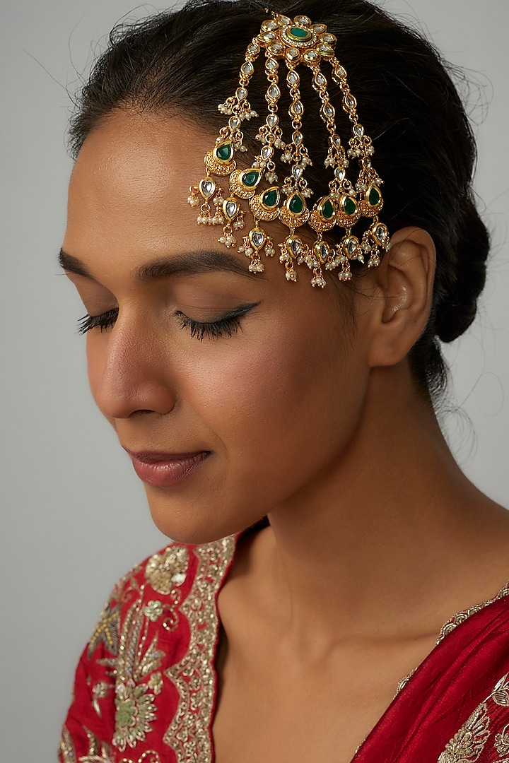 Gold Plated Kundan Polki & Green Stone Pasa by Minaki at Pernia's Pop Up Shop