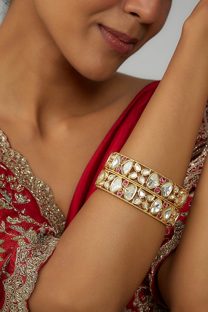 Gold Plated Kundan Polki & Pink Stone Bracelet (Set Of 2) by Minaki at Pernia's Pop Up Shop