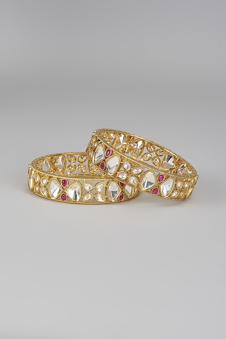 Gold Plated Kundan Polki & Pink Stone Bracelet (Set Of 2) by Minaki at Pernia's Pop Up Shop