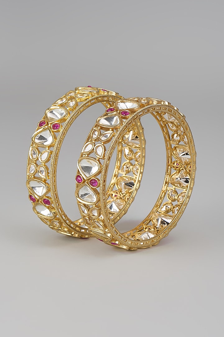 Gold Plated Kundan Polki & Pink Stone Bracelet (Set Of 2) by Minaki at Pernia's Pop Up Shop