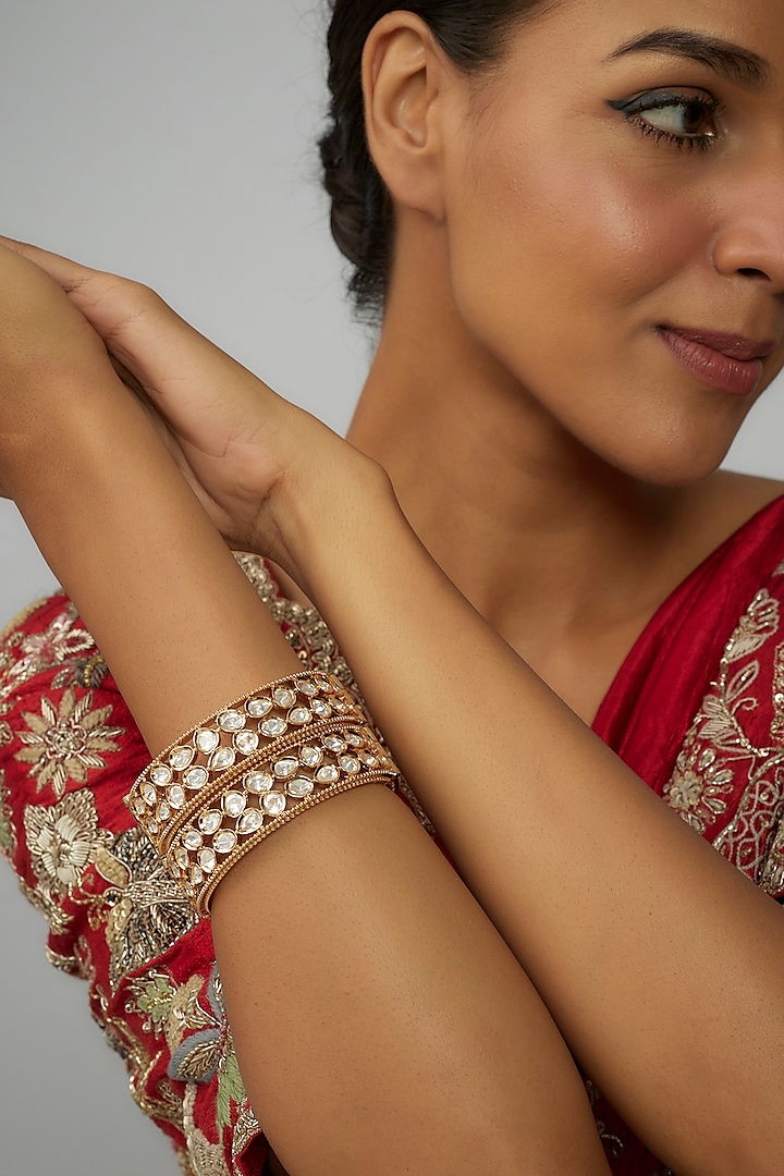 Gold Plated Kundan Polki Bracelet (Set Of 2) by Minaki at Pernia's Pop Up Shop