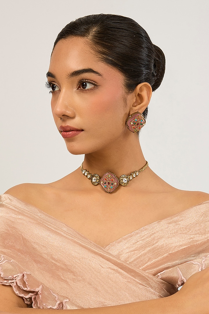 Gold Plated Kundan Polki & Multi-Colored Stone Necklace Set by Minaki at Pernia's Pop Up Shop