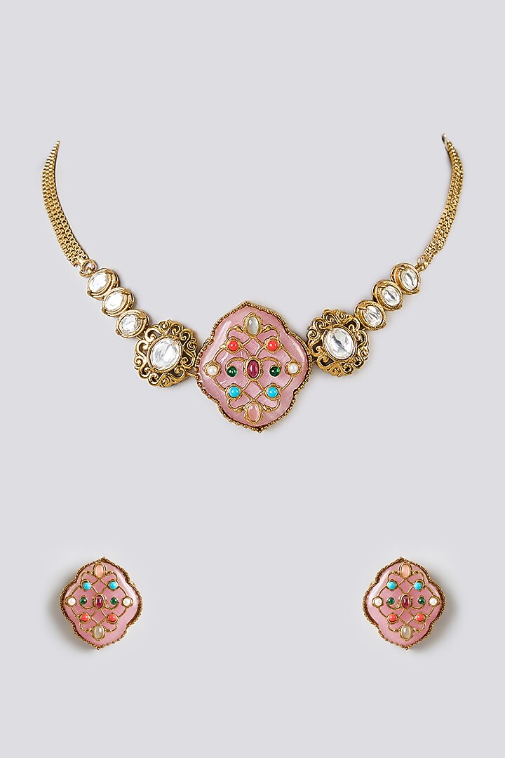 Gold Plated Kundan Polki & Multi-Colored Stone Necklace Set by Minaki at Pernia's Pop Up Shop