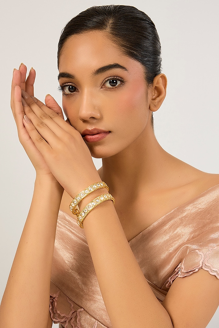 Gold Plated Kundan Polki & Crystal Embellished Kadas (Set Of 2) by Minaki at Pernia's Pop Up Shop