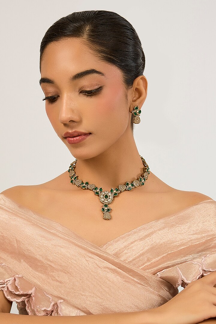 Two-Tone Finish Kundan Polki & Green Stone Necklace Set by Minaki at Pernia's Pop Up Shop
