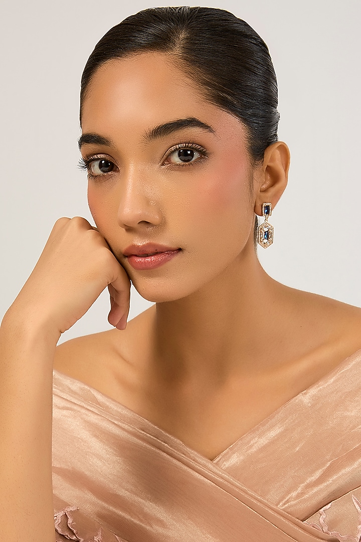 Gold Plated Blue Cubic Zirconia Dangler Earrings by Minaki at Pernia's Pop Up Shop