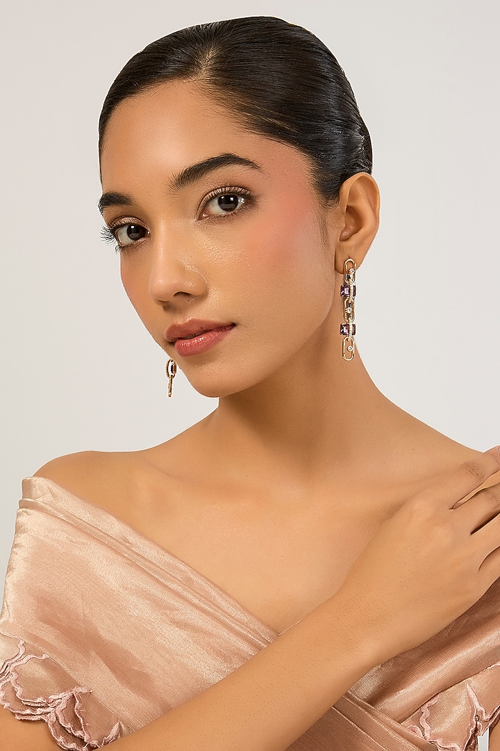 Gold Plated Purple Cubic Zirconia Dangler Earrings by Minaki at Pernia's Pop Up Shop