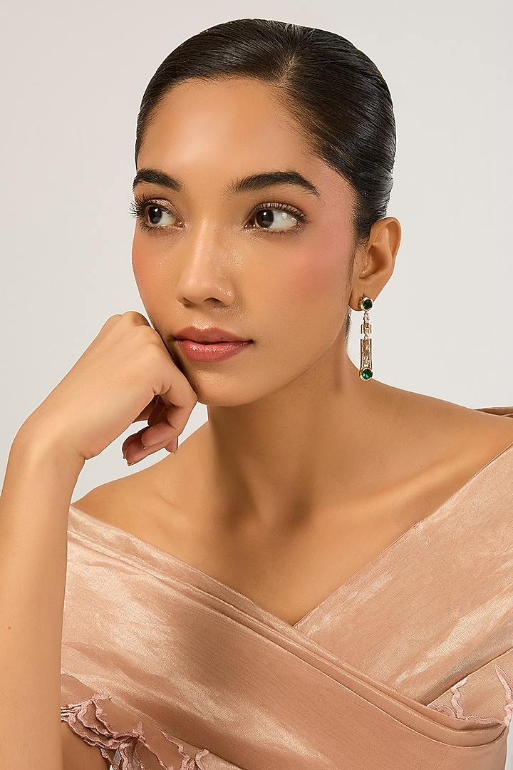 Gold Plated Green Cubic Zirconia Dangler Earrings by Minaki at Pernia's Pop Up Shop