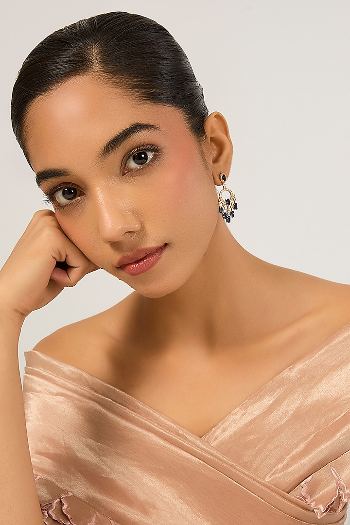 Gold Plated Blue Cubic Zirconia Dangler Earrings by Minaki at Pernia's Pop Up Shop