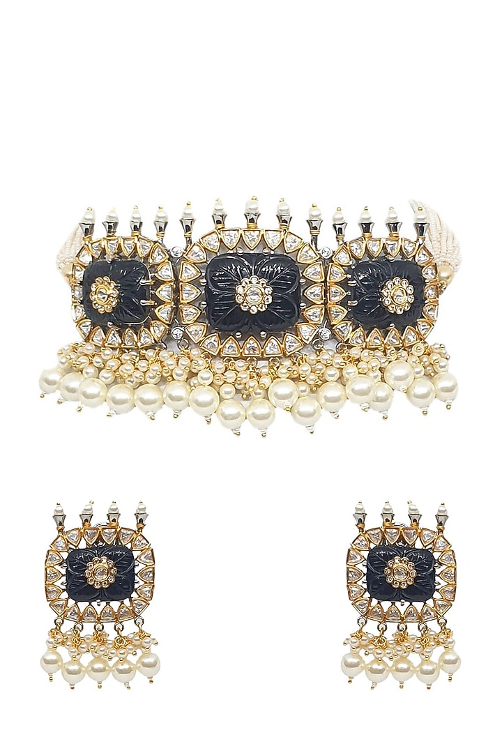 Gold Plated Kundan Polki & Pearl Choker Necklace Set by Minaki at Pernia's Pop Up Shop