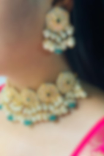 Gold Plated Kundan Polki & Emerald Stone Choker Necklace Set by Minaki