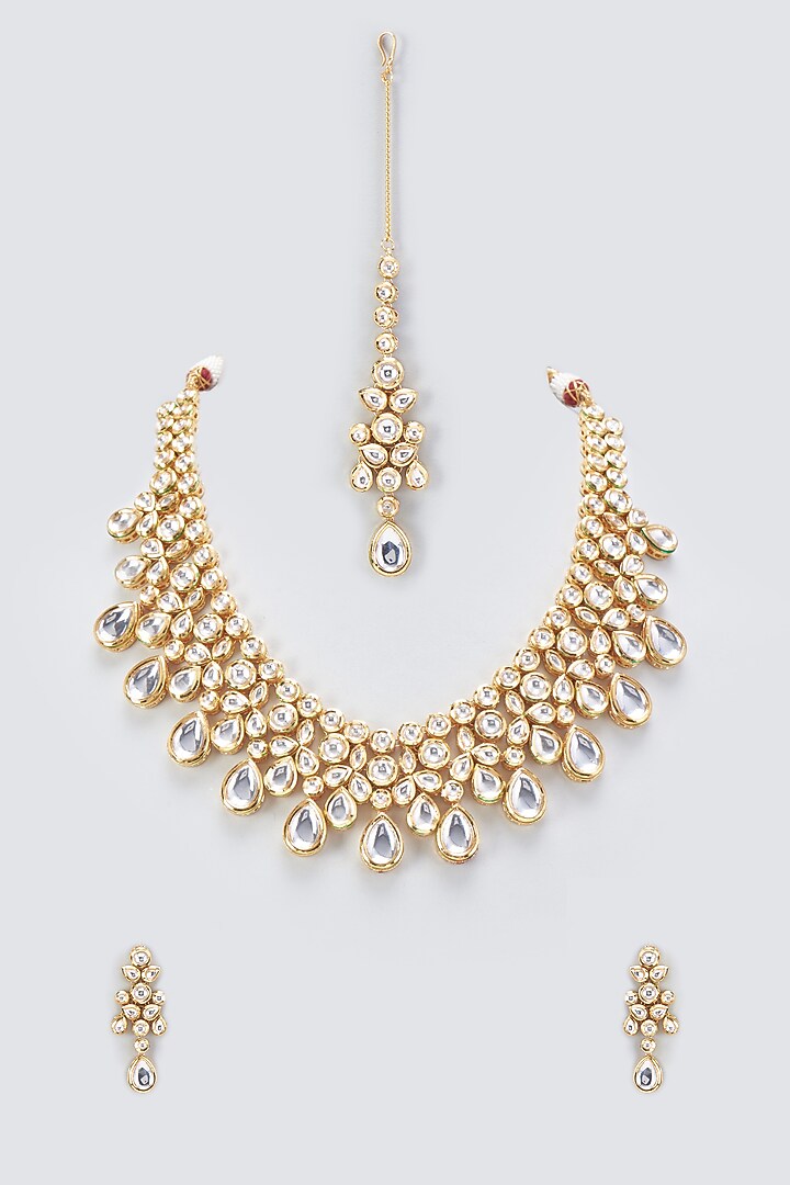 Gold Plated Kundan Polki Drop Long Necklace Set by Minaki at Pernia's Pop Up Shop