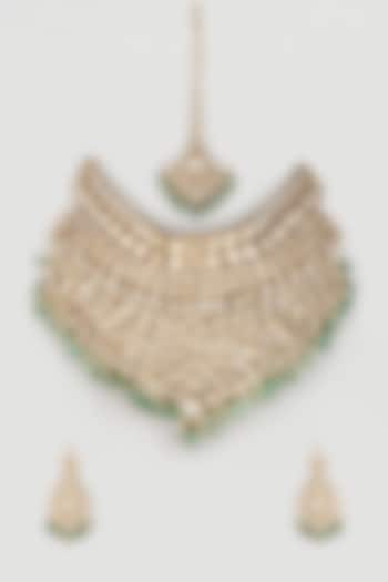 Gold Plated Kundan Polki & Pearl Bridal Necklace Set by Minaki