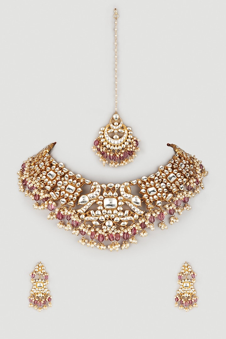 Gold Finish Kundan Polki & Pearls Necklace Set by Minaki