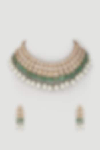Gold Plated Kundan Polki & Shell Pearls Layered Necklace Set by Minaki