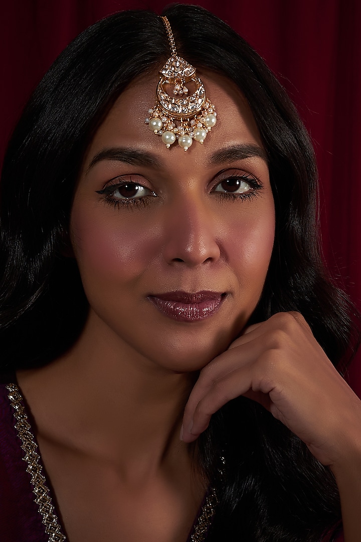 Gold Plated Kundan Polki & Pearls Maangtikka by Minaki at Pernia's Pop Up Shop