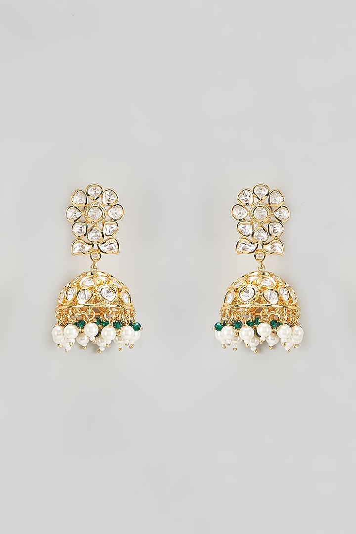Gold Plated Kundan Polk & Emerald pearls Jhumka Earrings by Minaki at Pernia's Pop Up Shop