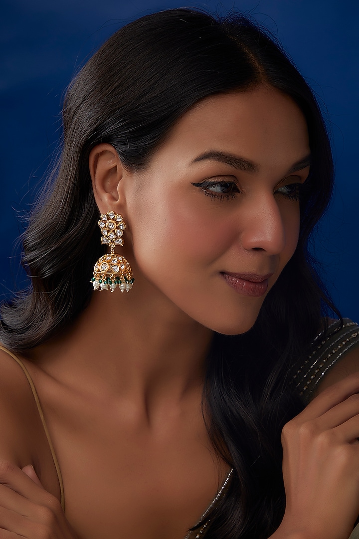 Gold Plated Kundan Polk & Emerald pearls Jhumka Earrings by Minaki at Pernia's Pop Up Shop