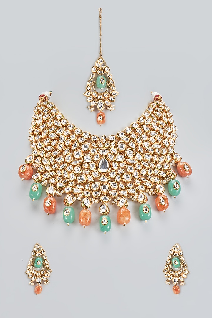 Gold Plated Kundan Polki & Jade Beads Necklace Set by Minaki at Pernia's Pop Up Shop