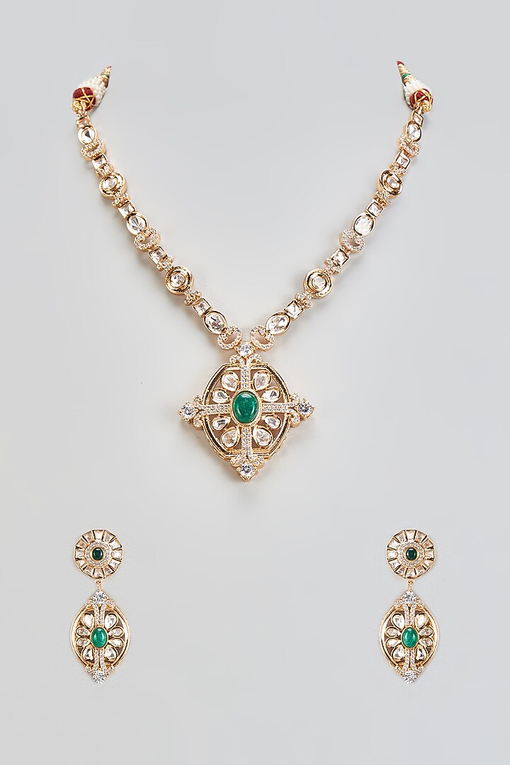 Gold Plated Kundan Polki & Emerald Stone Necklace Set by Minaki at Pernia's Pop Up Shop