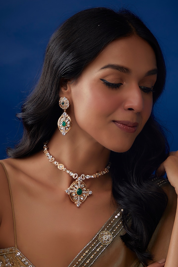 Gold Plated Kundan Polki & Emerald Stone Necklace Set by Minaki at Pernia's Pop Up Shop