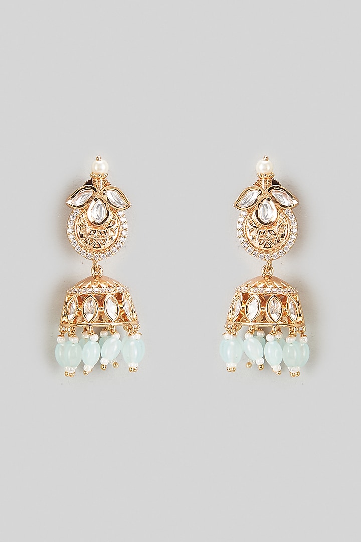 Gold Plated Kundan Polki & Mint Green Beaded Jhumka Earrings by Minaki at Pernia's Pop Up Shop