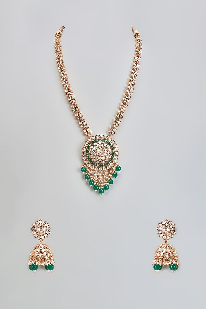 Gold Plated Kundan Polki & Emerald Stone Long Necklace Set by Minaki at Pernia's Pop Up Shop