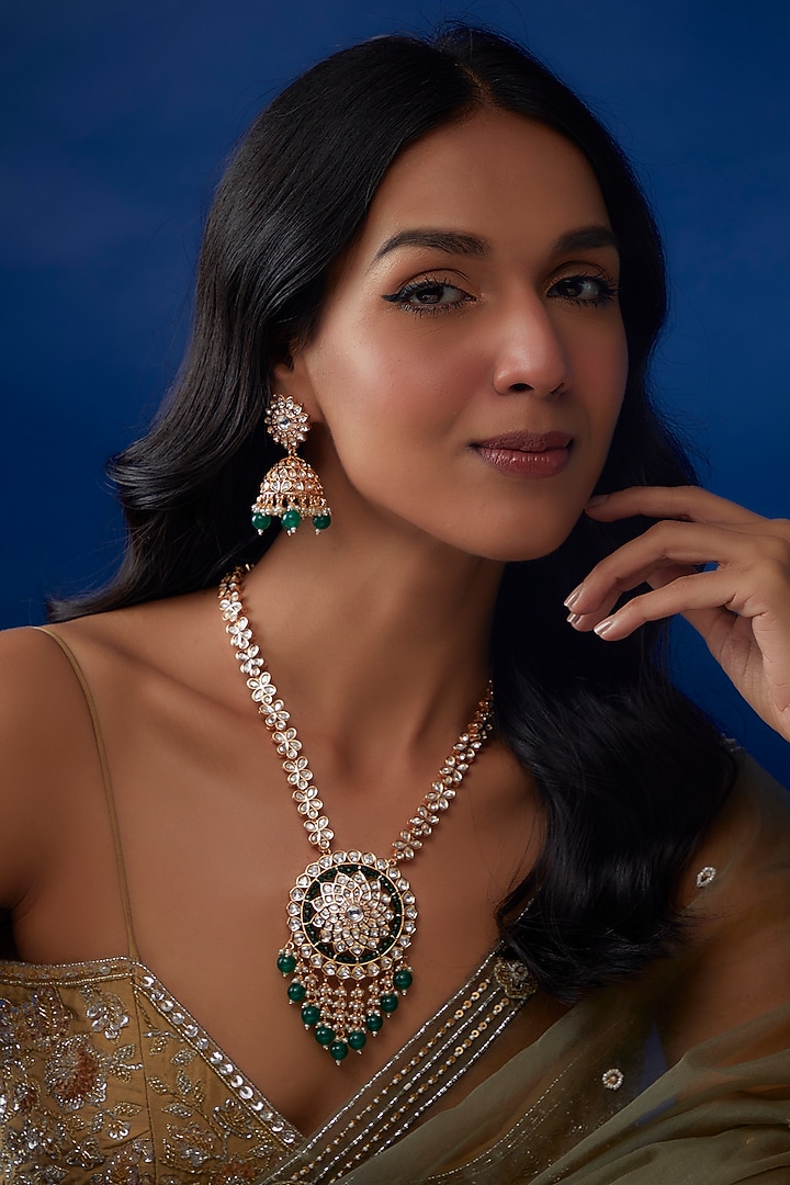 Gold Plated Kundan Polki & Emerald Stone Long Necklace Set by Minaki at Pernia's Pop Up Shop