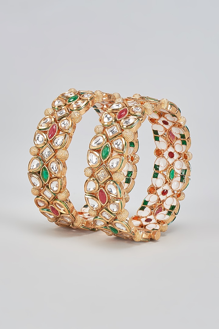 Gold Plated Kundan Polki & Emerald Stone Bangles (Set of 2) by Minaki at Pernia's Pop Up Shop