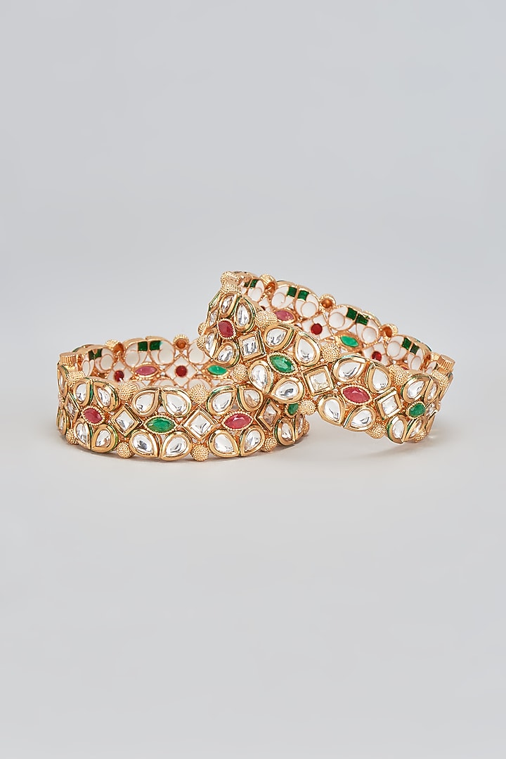 Gold Plated Kundan Polki & Emerald Stone Bangles (Set of 2) by Minaki at Pernia's Pop Up Shop