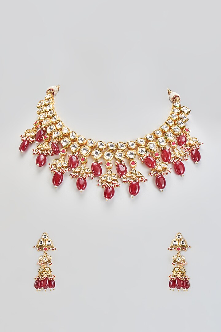 Gold Plated Kundan Polki & Ruby Beads Necklace Set by Minaki at Pernia's Pop Up Shop