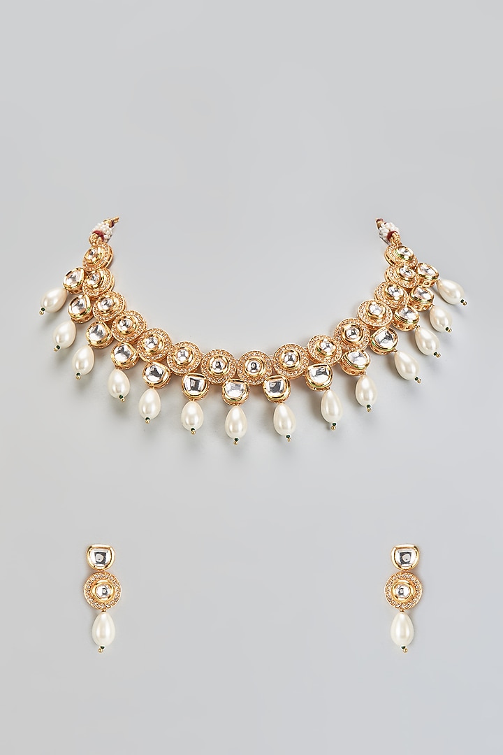 Gold Plated Kundan Polki & Pearl Drops Necklace Set by Minaki at Pernia's Pop Up Shop