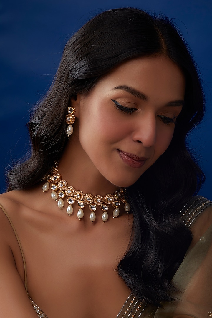 Gold Plated Kundan Polki & Pearl Drops Necklace Set by Minaki at Pernia's Pop Up Shop