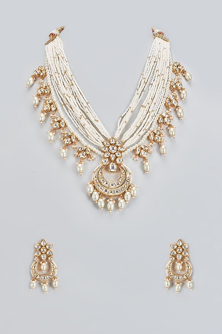 Gold Plated Kundan Polki & Pearl Long Necklace Set by Minaki at Pernia's Pop Up Shop