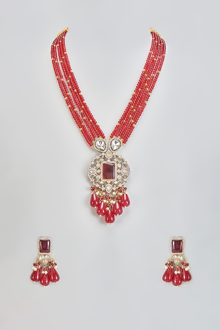 Two-Tone Finish Kundan Polki & Ruby Stone Long Pendant Necklace Set by Minaki at Pernia's Pop Up Shop
