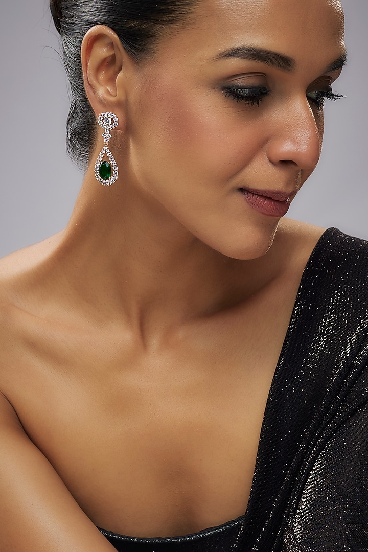 Gold Plated Green Cubic Zirconia Dangler Earrings by Minaki at Pernia's Pop Up Shop