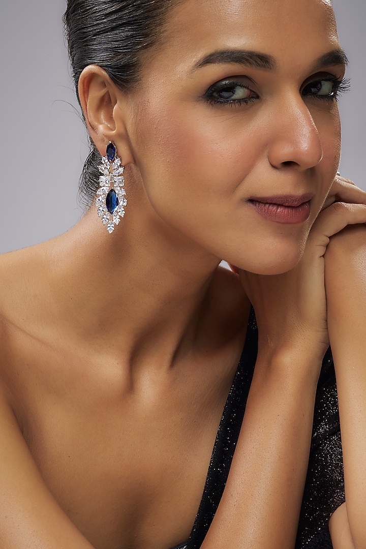 Gold Plated Blue Cubic Zirconia Dangler Earrings by Minaki at Pernia's Pop Up Shop
