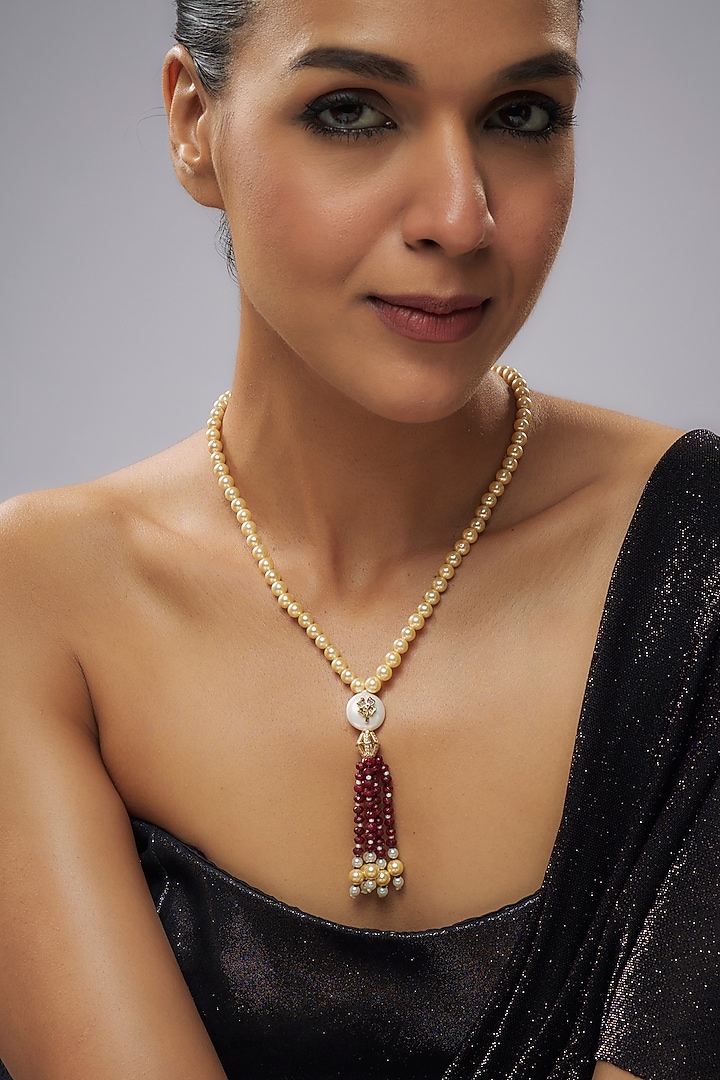 Gold Plated Pearl & Ruby Beaded Necklace by Minaki at Pernia's Pop Up Shop