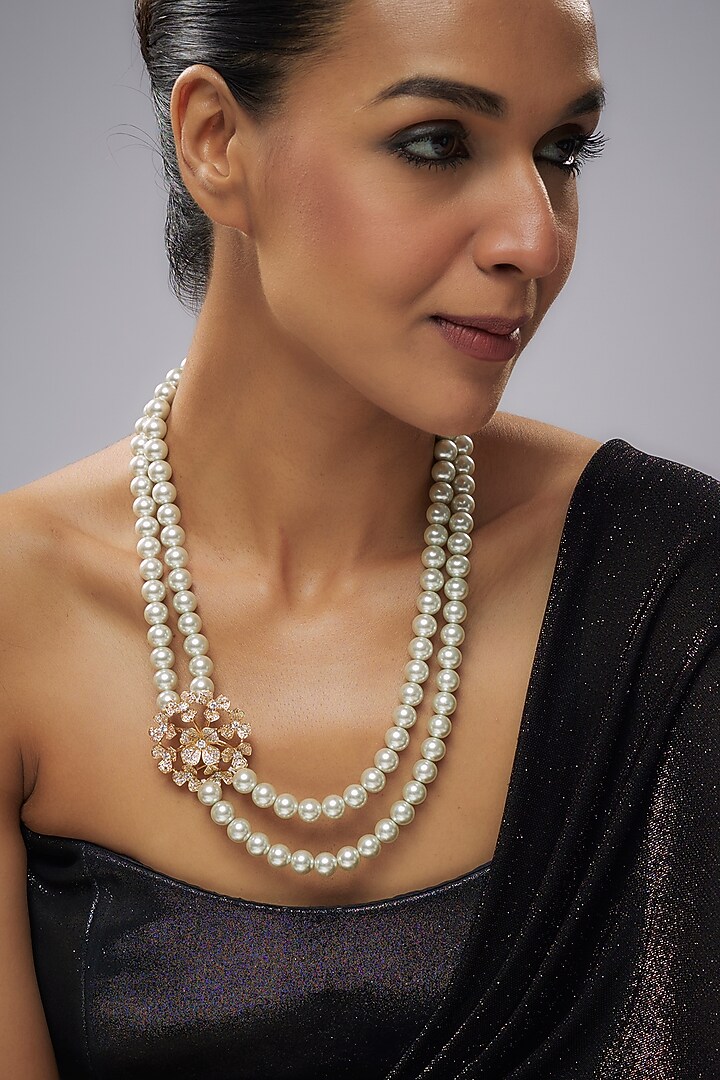Gold Plated Pearls & Cubic Zirconia Double Strand Necklace by Minaki at Pernia's Pop Up Shop