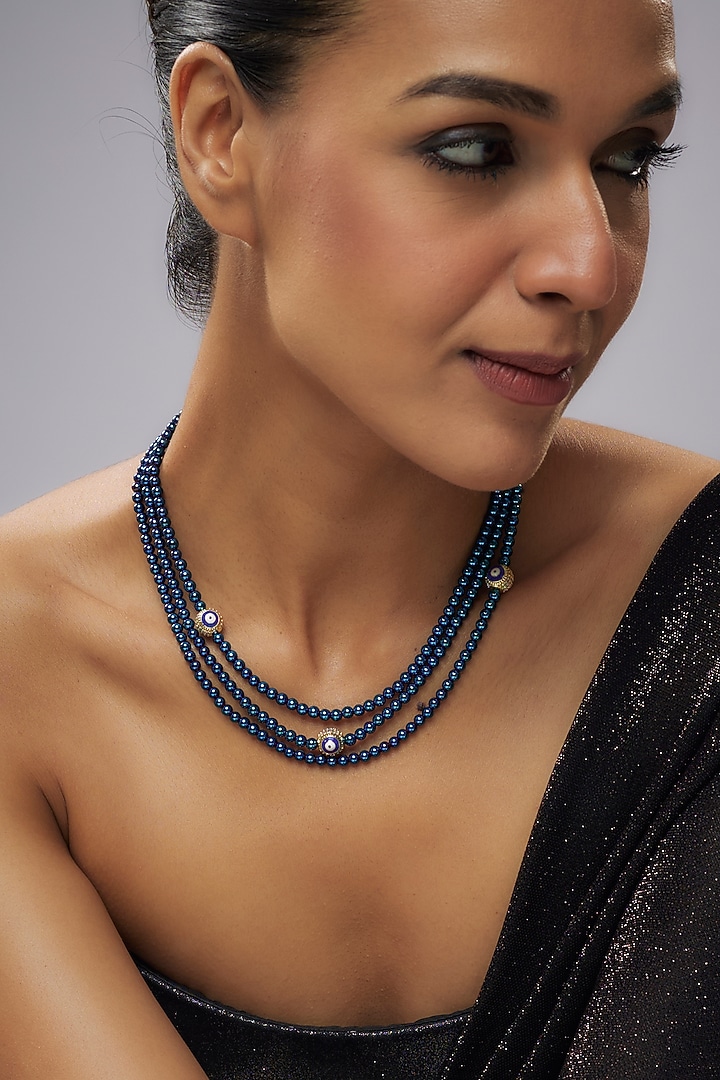 Gold Plated Cubic Zirconia & Blue Hematite Beaded Tri-Strand Necklace by Minaki at Pernia's Pop Up Shop